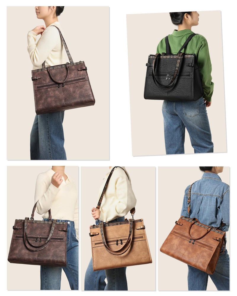 FADEON Laptop Bag for Women Designer PU Leather Large Tote Bags Backpack Purses with 15.6 Laptop Compartment Travel Shoulder Handbag Brown - Image 2