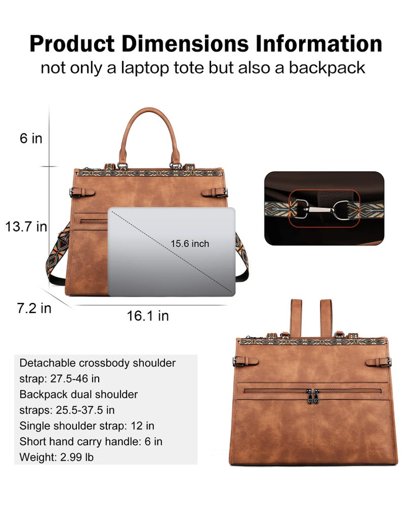 FADEON Laptop Bag for Women Designer PU Leather Large Tote Bags Backpack Purses with 15.6 Laptop Compartment Travel Shoulder Handbag Brown - Image 4