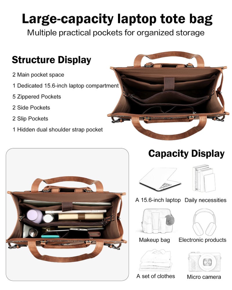 FADEON Laptop Bag for Women Designer PU Leather Large Tote Bags Backpack Purses with 15.6 Laptop Compartment Travel Shoulder Handbag Brown - Image 5