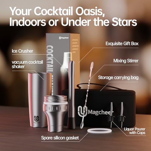 Magcheer Hybrid Cocktail Shaker Set | Vacuum Insulated Stainless Steel Martini Shaker with Strainer & Jigger Lid | Travel cocktail kit with Bartender Accessory Tools | 30oz | Silver - Image 5