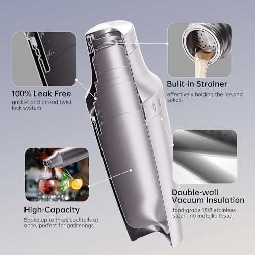 Magcheer Hybrid Cocktail Shaker Set | Vacuum Insulated Stainless Steel Martini Shaker with Strainer & Jigger Lid | Travel cocktail kit with Bartender Accessory Tools | 30oz | Silver - Image 4