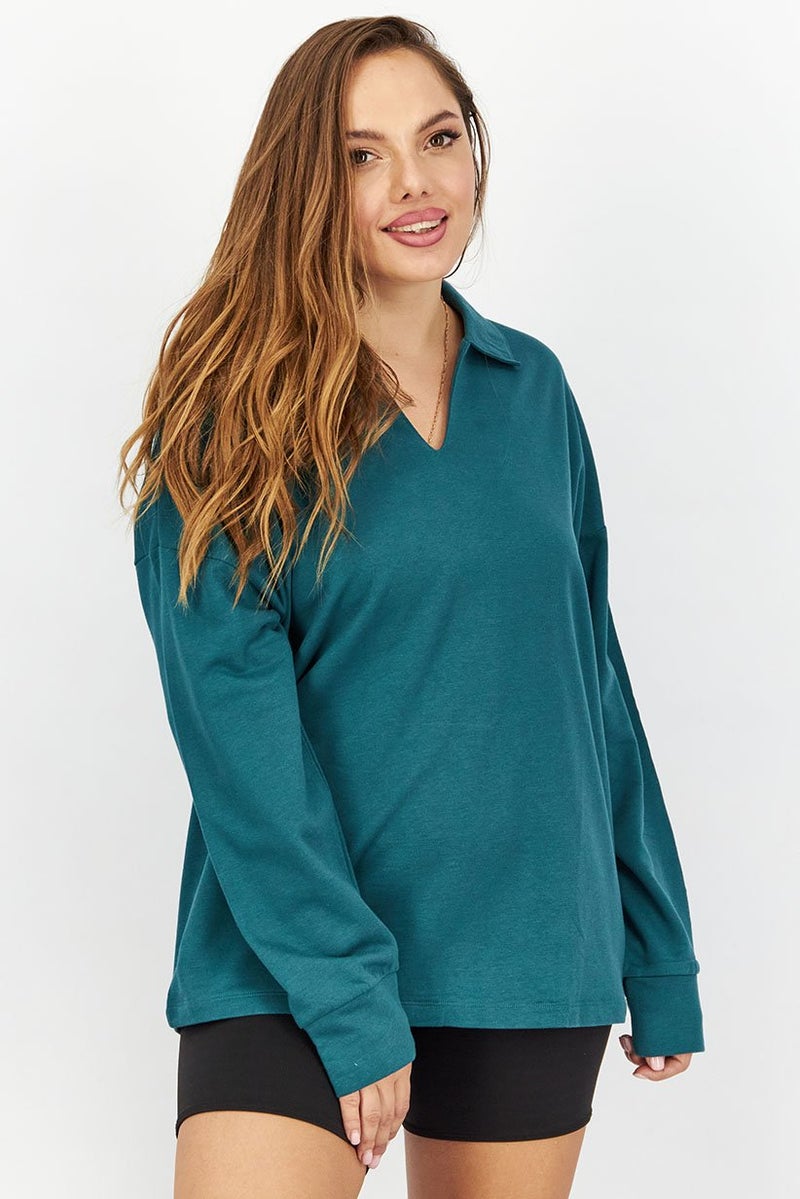 Tchibo Women Spread Collar Plain Loungewear Sweatshirt, Dark Green - Image 1
