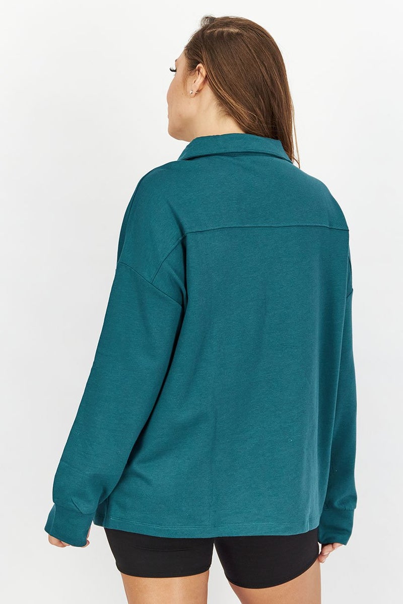 Tchibo Women Spread Collar Plain Loungewear Sweatshirt, Dark Green - Image 2