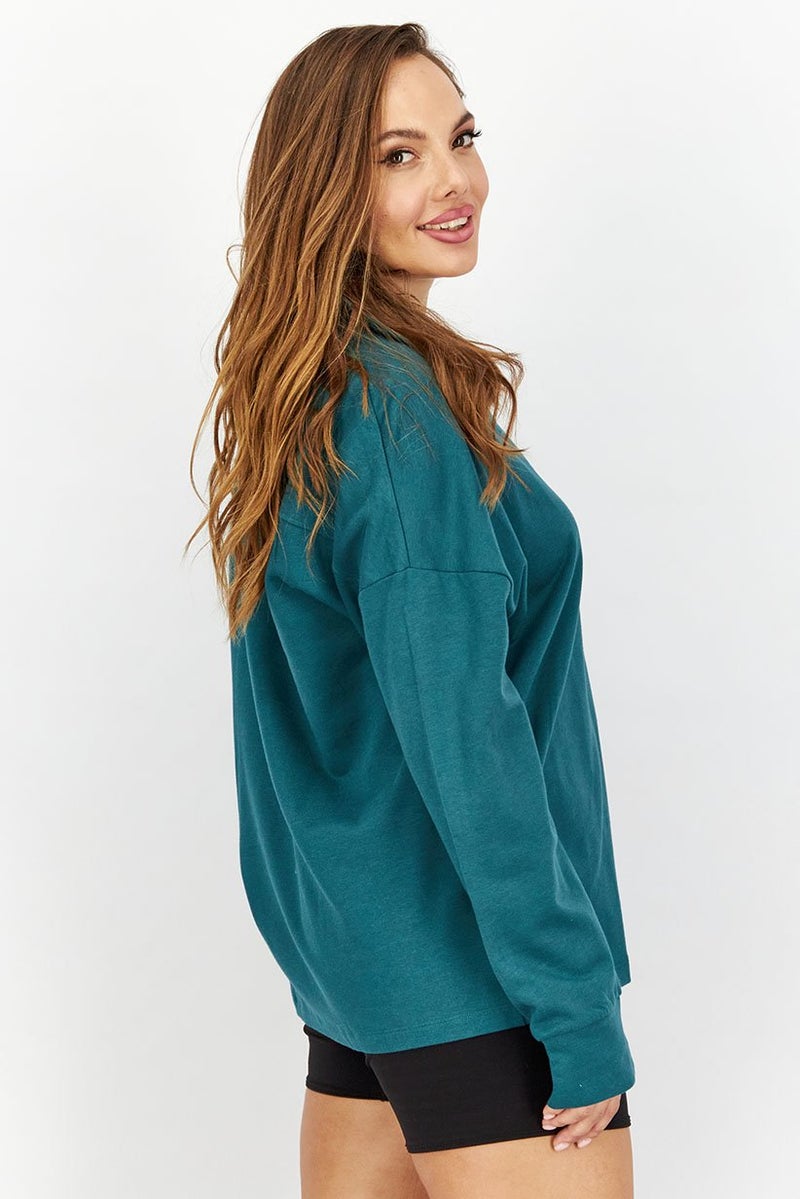 Tchibo Women Spread Collar Plain Loungewear Sweatshirt, Dark Green - Image 4
