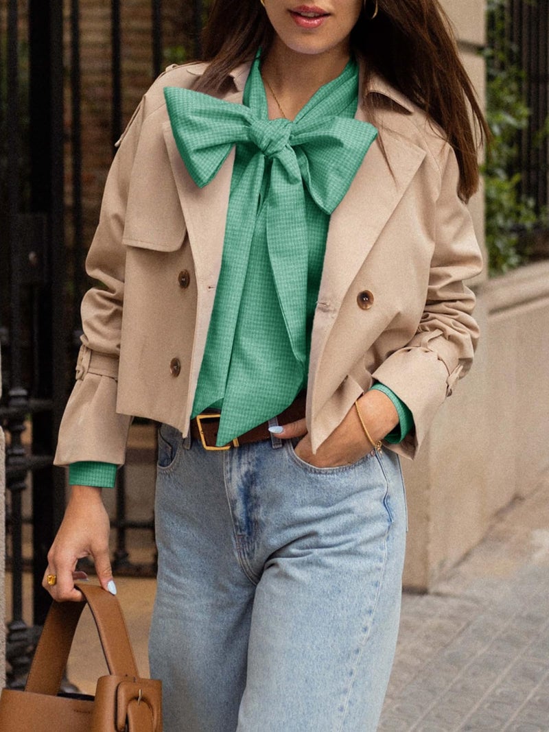 Cicy Bell Womens Plaid Shirts Bow Tied Neck Button Down Long Sleeve Casual Dressy Blouse Tops Green - Image 5