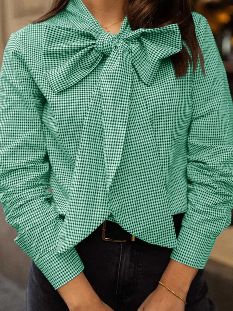 Cicy Bell Womens Plaid Shirts Bow Tied Neck Button Down Long Sleeve Casual Dressy Blouse Tops Green - Image 3