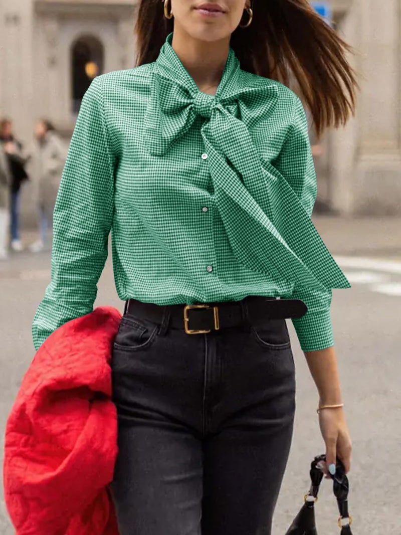 Cicy Bell Womens Plaid Shirts Bow Tied Neck Button Down Long Sleeve Casual Dressy Blouse Tops Green - Image 4