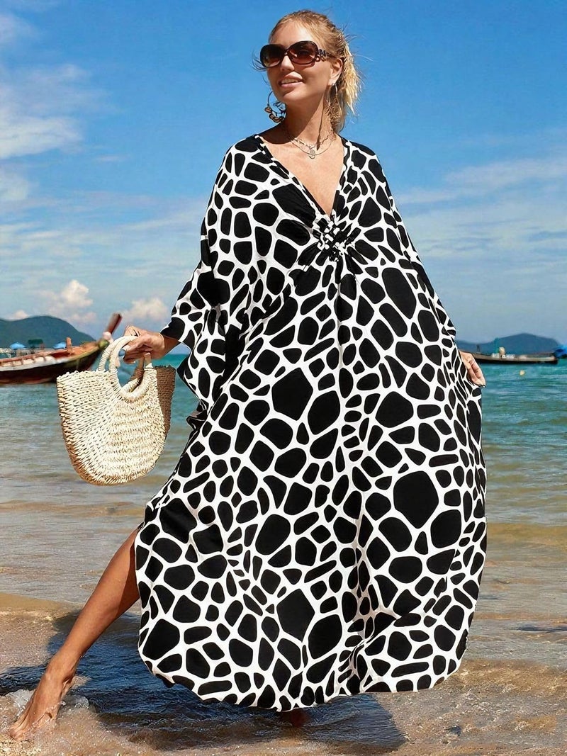 IMAGEKOPE Kaftan Dresses for Women Plus Size V-Neck Moo Moos Batwing Kaftan Beach Dress Bathing Suit Cover-Up Loungewear - Image 3