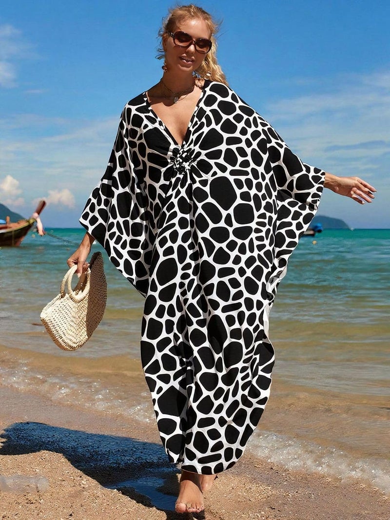 IMAGEKOPE Kaftan Dresses for Women Plus Size V-Neck Moo Moos Batwing Kaftan Beach Dress Bathing Suit Cover-Up Loungewear - Image 2