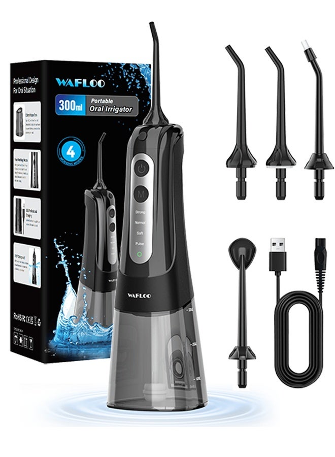 WAFLOO Water Flosser for Teeth Cordless: 4 Jet Tips 4 Modes Oral Irrigator Portable, 300ML Tank USB Rechargeable IPX7 Waterproof Water Flossing for Adults Teeth Cleaning Home and Travel, Black - Image 1