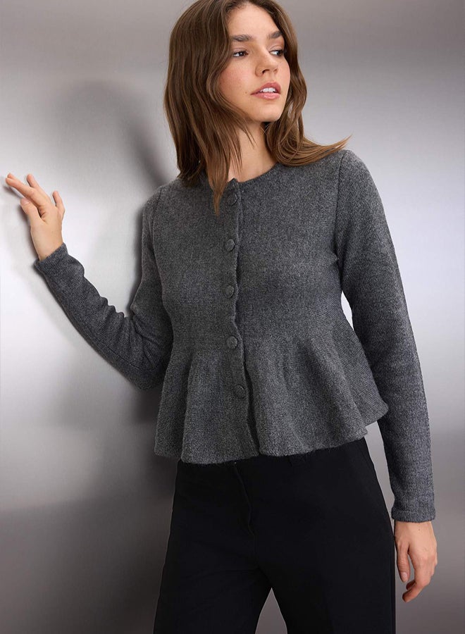 trendyol Anthracite Crew Neck Hem Flounced Sweater Cardigan - Image 2