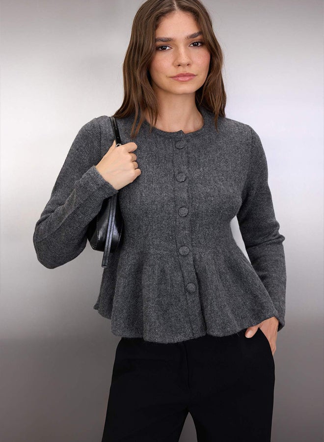 trendyol Anthracite Crew Neck Hem Flounced Sweater Cardigan - Image 1