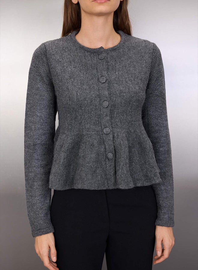 trendyol Anthracite Crew Neck Hem Flounced Sweater Cardigan - Image 3