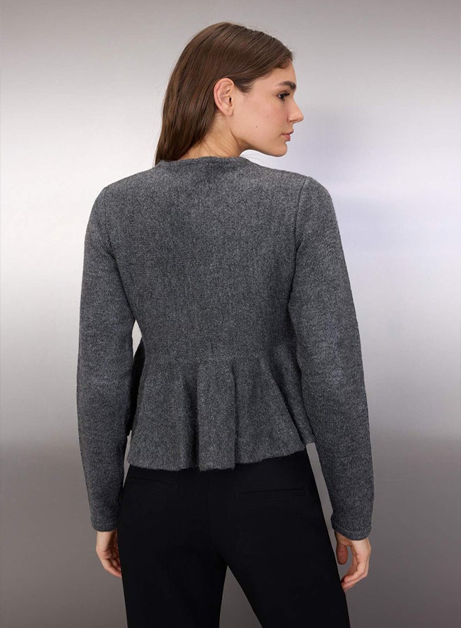 trendyol Anthracite Crew Neck Hem Flounced Sweater Cardigan - Image 4