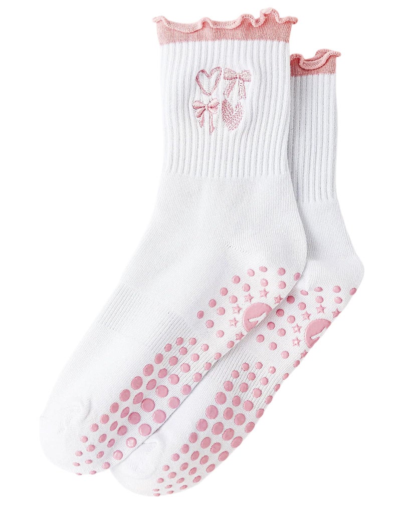 Yawlsow Cute Pilates Grip Socks for Women Ruffle Frilly Yoga Socks Non Slip Cotton Crew Sock for Barre Workout (US, Alpha, One Size, Regular, Regular, 1 Pack-Pink -Heart) - Image 1