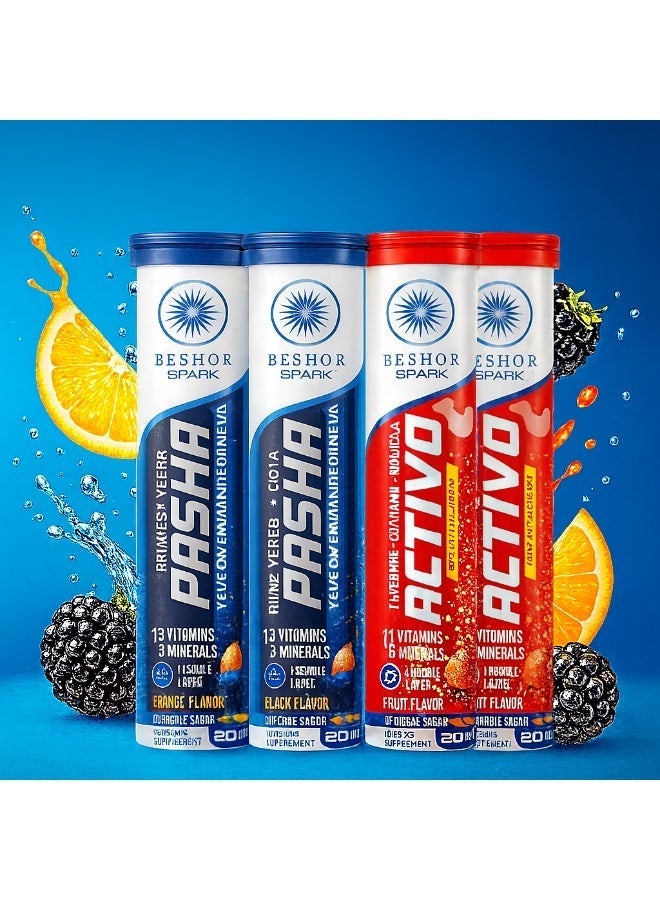 BESHOR Pasha & Activo Effervescent Multivitamin Bundle – 2Pasha + 2Activo (80 Tablets), with Ginseng, Herbs & Caffeine, Orange Berry & Fruit Flavors, Sugar-Free - Image 1