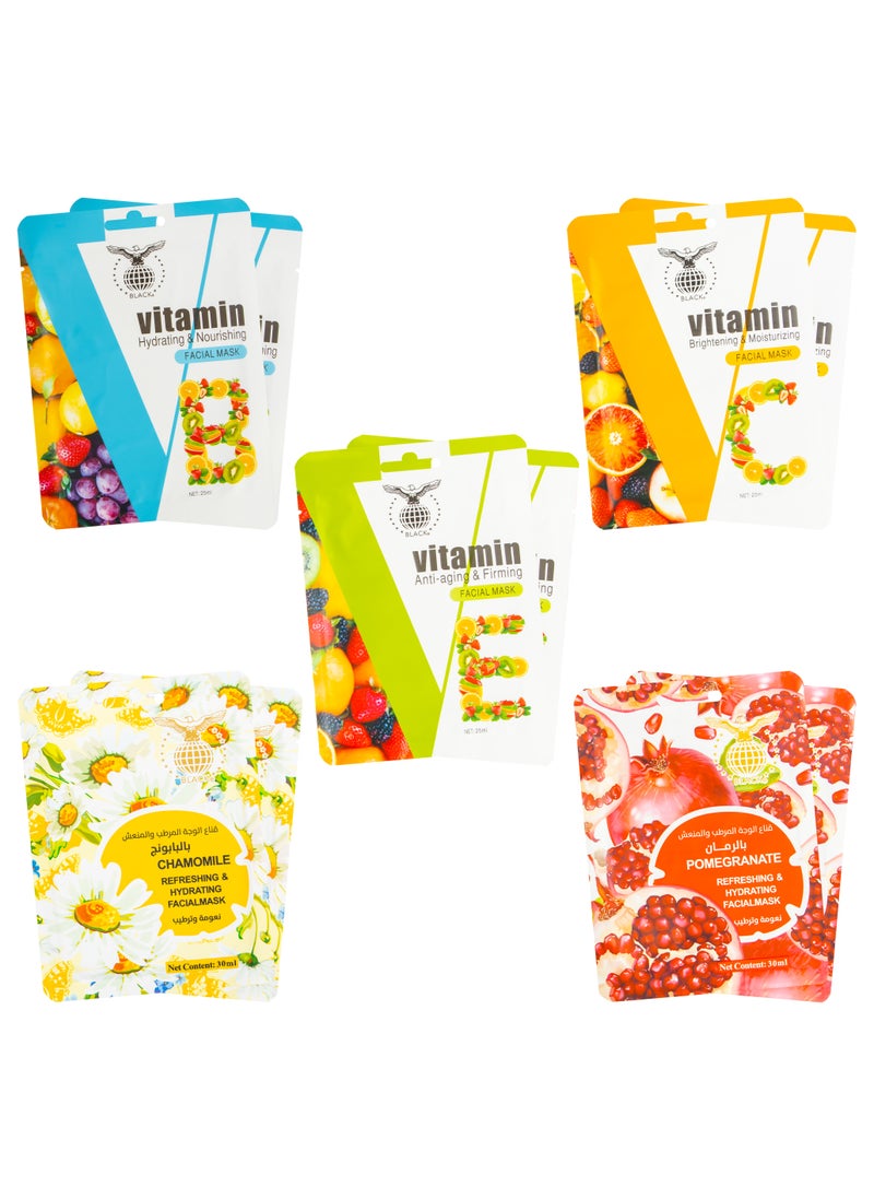 Black - Black Vitamin B Hydrating Face Mask - 10-Pack Collagen Boosting Treatment - Image 1