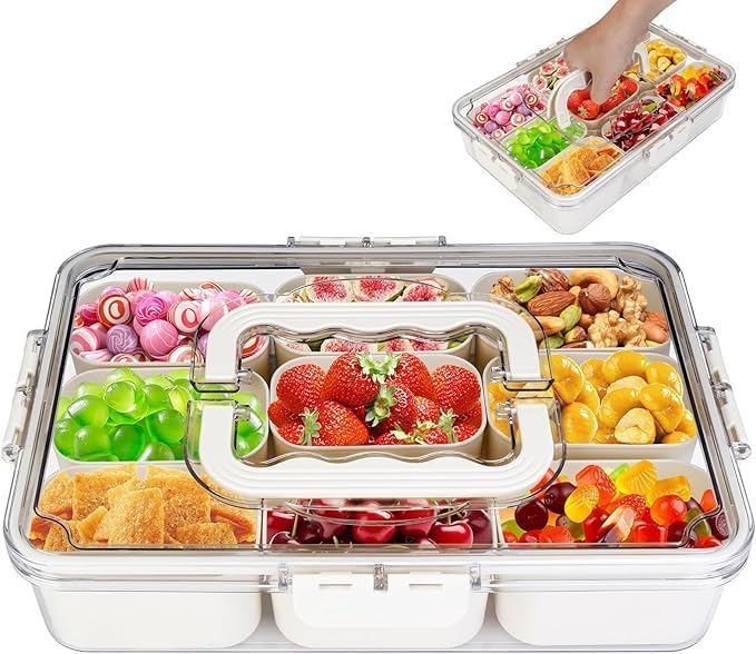 CLOUDTAB Divided Serving Tray with Lid Handle Portable Snack Box for Charcuterie Fruits Spices Candy Nuts Snacks 9Compartments Clear Snack Platter Organizer for Parties Travel Picnics - Image 1