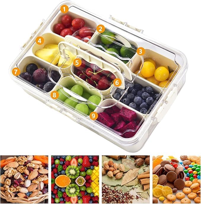 CLOUDTAB Divided Serving Tray with Lid Handle Portable Snack Box for Charcuterie Fruits Spices Candy Nuts Snacks 9Compartments Clear Snack Platter Organizer for Parties Travel Picnics - Image 2