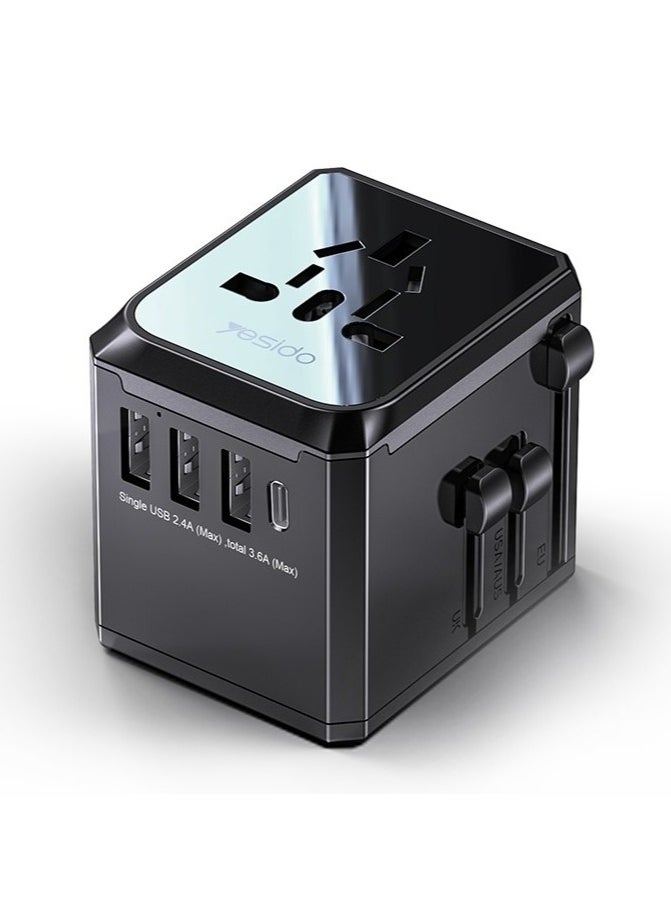Yesido Yesido MC-10 3 USB + Type-C Ports Multi-function Universal Travel Adapter Plug (Black)  - Image 1