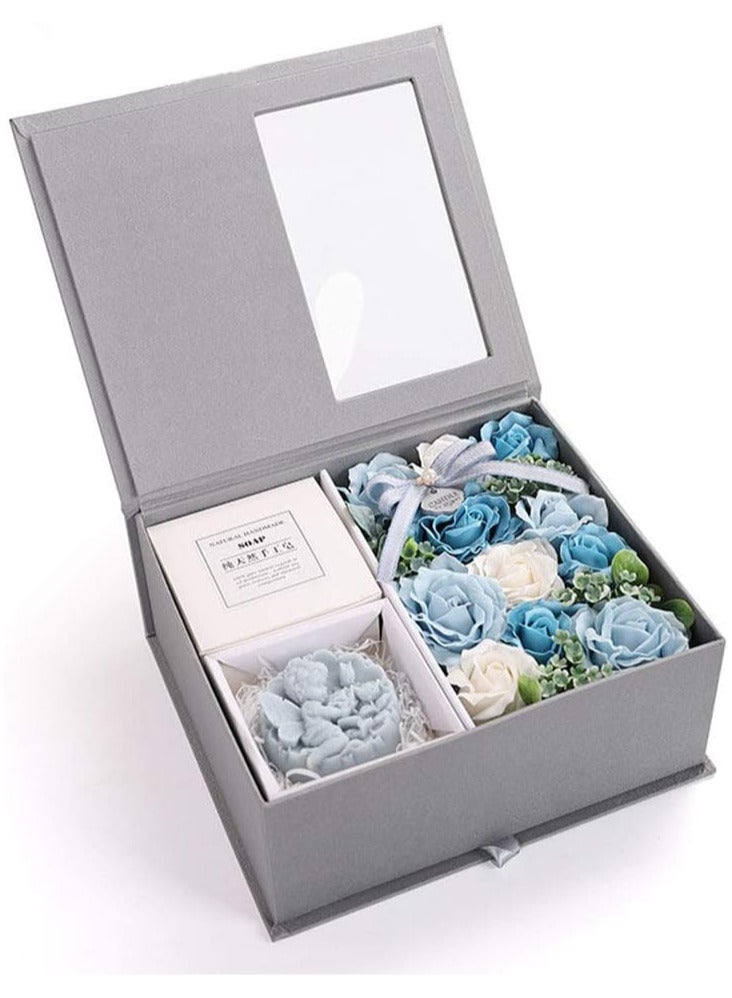 Floral Scented Rose Bath Soap – Rose Petals in Flower Box, Plant Essential Oil Soap Set for Women, Perfect for Birthday, Valentine’s Day, Christmas, Thanksgiving, Gift for Lover (Blue) 