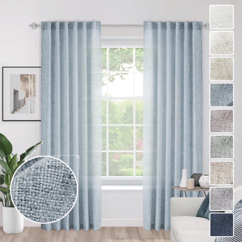 MEETBILY Mineral Blue Linen Curtains - Living Room Curtains, 2 Panels, Modern Farmhouse Style, Light Filtering, 96 Inch Length - Image 1