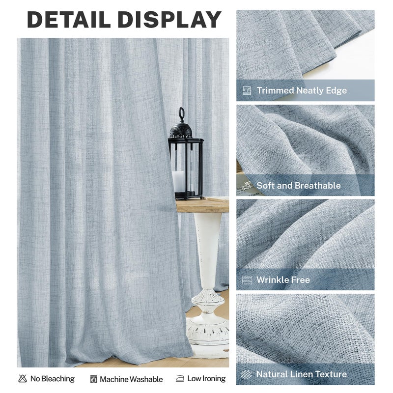 MEETBILY Mineral Blue Linen Curtains - Living Room Curtains, 2 Panels, Modern Farmhouse Style, Light Filtering, 96 Inch Length - Image 3