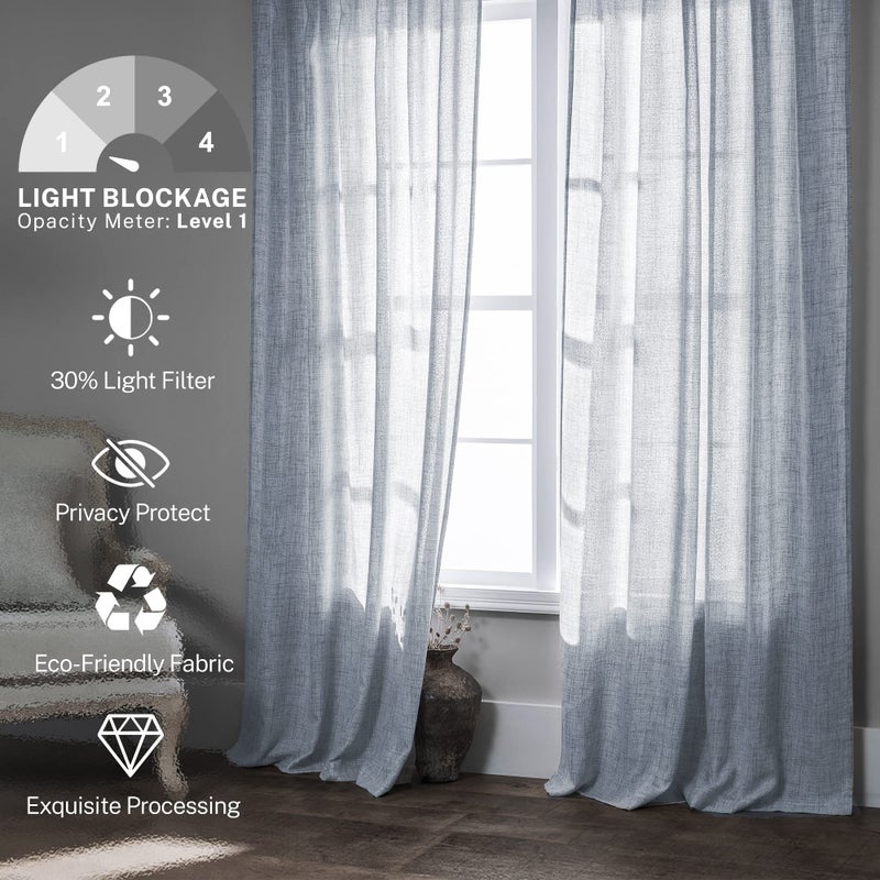 MEETBILY Mineral Blue Linen Curtains - Living Room Curtains, 2 Panels, Modern Farmhouse Style, Light Filtering, 96 Inch Length - Image 2