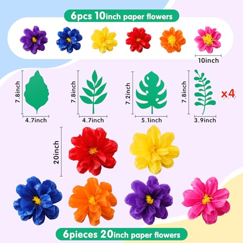 Geyee 12 Pcs 10" 20" Giant Mexican Fiesta Paper Flowers and 16 Pcs Leaves, Large Colorful Tissue Crepe Flowers Pom Poms Craft for Floral Backdrop Day of The Dead Birthday Party Decor(Elegant Color) - Image 2