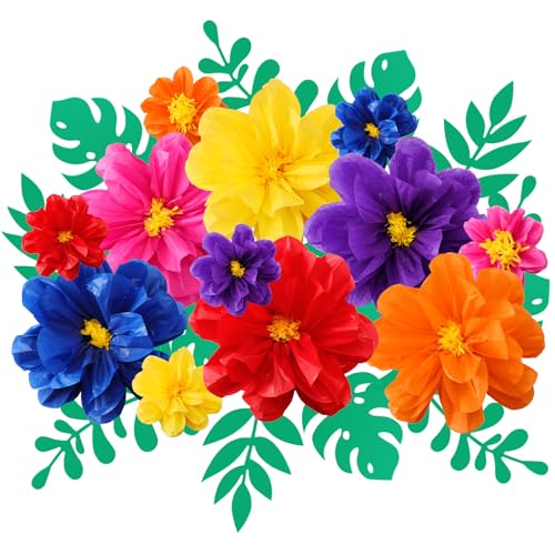 Geyee 12 Pcs 10" 20" Giant Mexican Fiesta Paper Flowers and 16 Pcs Leaves, Large Colorful Tissue Crepe Flowers Pom Poms Craft for Floral Backdrop Day of The Dead Birthday Party Decor(Elegant Color) - Image 1