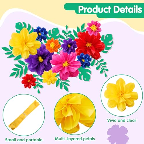 Geyee 12 Pcs 10" 20" Giant Mexican Fiesta Paper Flowers and 16 Pcs Leaves, Large Colorful Tissue Crepe Flowers Pom Poms Craft for Floral Backdrop Day of The Dead Birthday Party Decor(Elegant Color) - Image 3