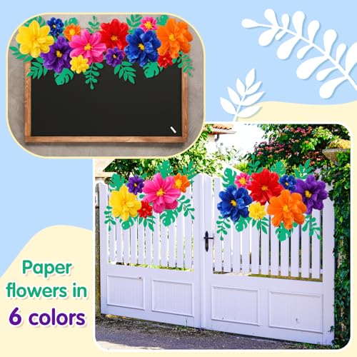 Geyee 12 Pcs 10" 20" Giant Mexican Fiesta Paper Flowers and 16 Pcs Leaves, Large Colorful Tissue Crepe Flowers Pom Poms Craft for Floral Backdrop Day of The Dead Birthday Party Decor(Elegant Color) - Image 5