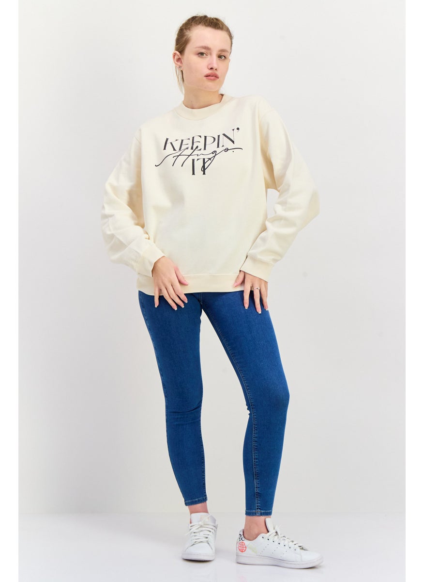 HUGO by Hugo Boss Women Crew Neck Graphic Print Sweatshirt, Beige  - Image 4