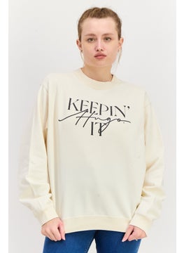 HUGO by Hugo Boss Women Crew Neck Graphic Print Sweatshirt, Beige  - Image 1