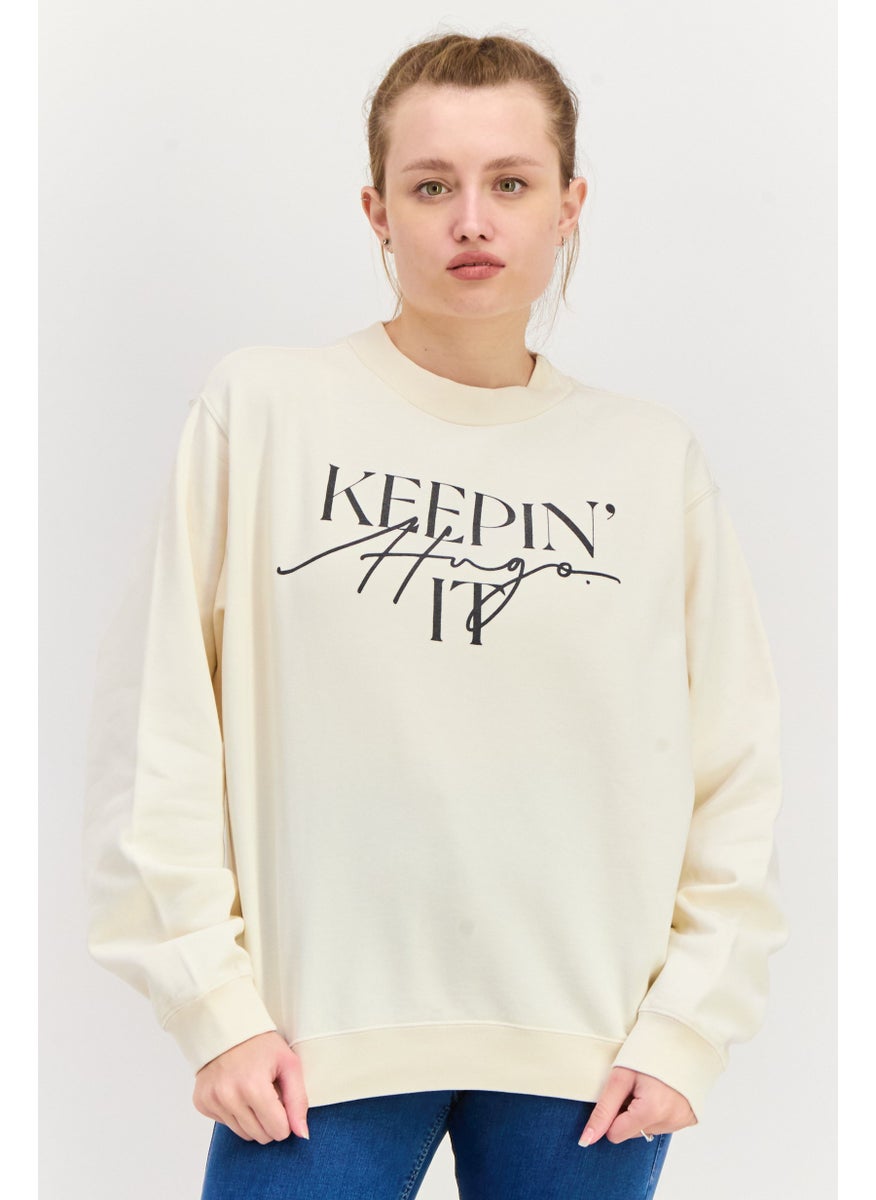 HUGO by Hugo Boss Women Crew Neck Graphic Print Sweatshirt, Beige  - Image 1