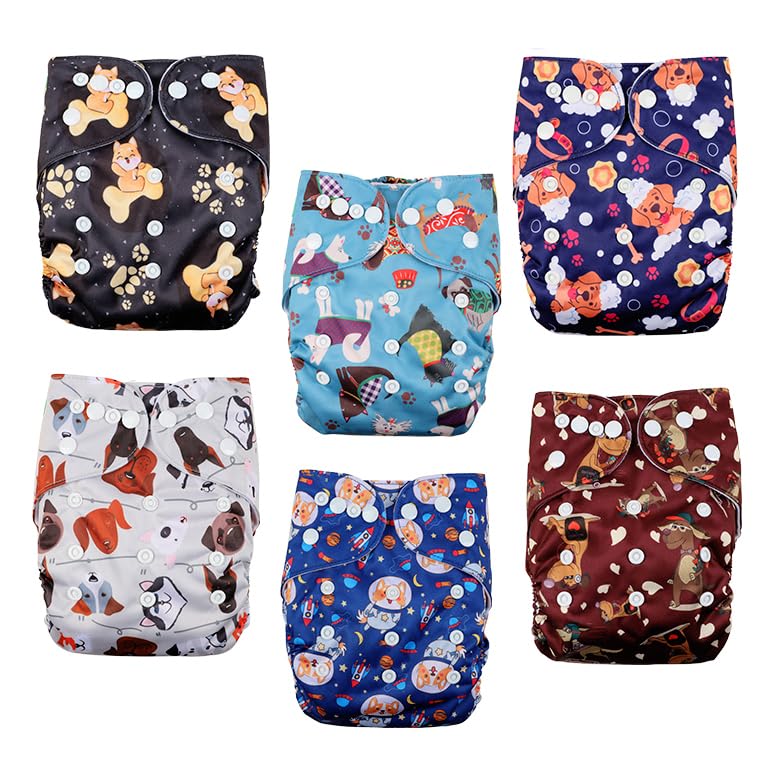 wegreeco Cloth Diapers 6 Pack with 6 Inserts & 1 Wet Bag, Washable Cloth Diapers for Babies, One Size Adjustable Reusable (Little Dogs) - Image 2