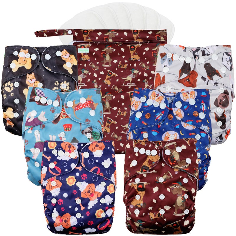 wegreeco Cloth Diapers 6 Pack with 6 Inserts & 1 Wet Bag, Washable Cloth Diapers for Babies, One Size Adjustable Reusable (Little Dogs) - Image 1
