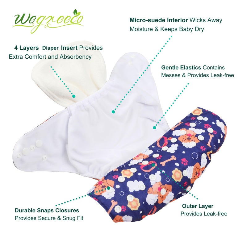 wegreeco Cloth Diapers 6 Pack with 6 Inserts & 1 Wet Bag, Washable Cloth Diapers for Babies, One Size Adjustable Reusable (Little Dogs) - Image 3