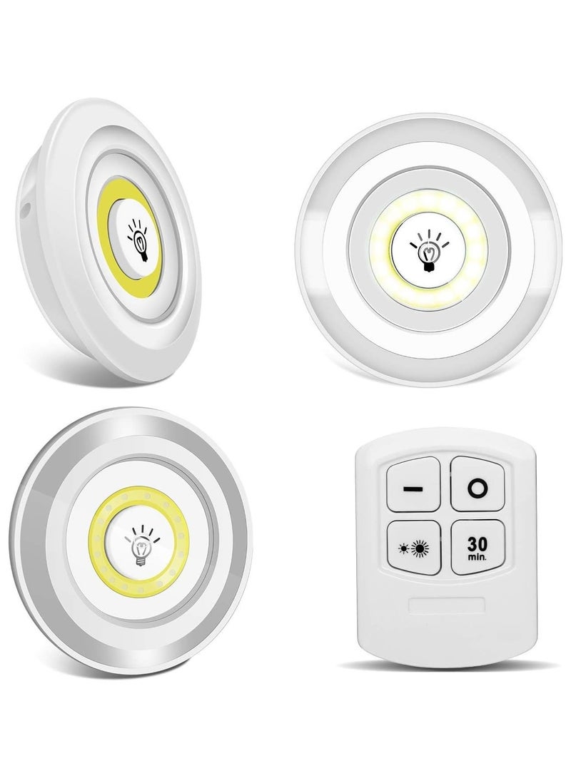 مصباح LED لاسلكي COB | إضاءة ليلية حائطية قابلة للتعديل السطوع للخزانة المظلمة مع مؤقت (أبيض) - مجموعة من 3 مصابيح وجهاز تحكم عن بُعد - Image 1