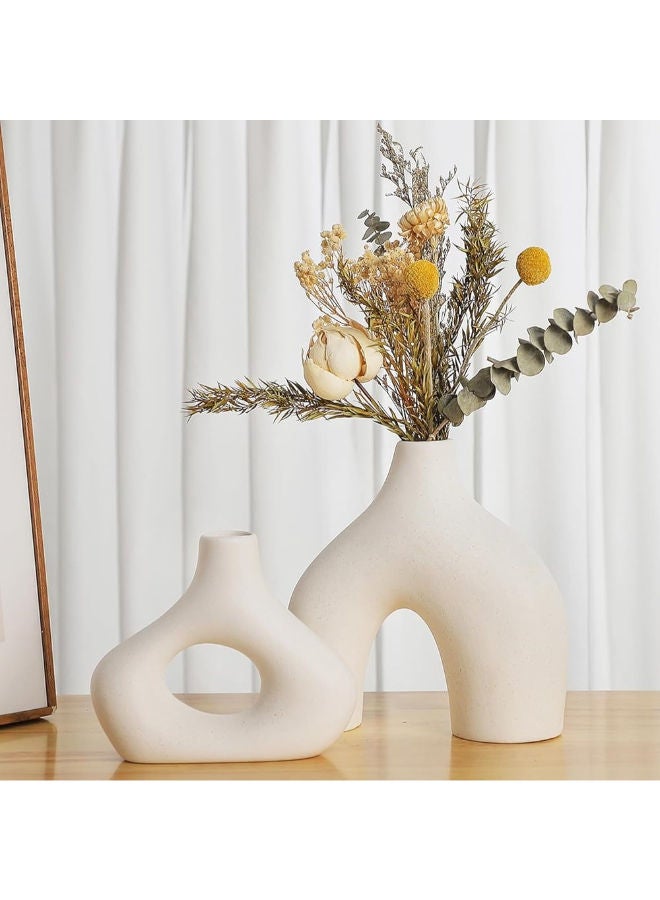CEMABT White Ceramic Vase Set of 2 for Modern Minimalist Bohemian Decor，Round Matte Donut Vases for Pampas Grass-Perfect for Living Room, Dining Table, Office Bedroom Shelf Decor Entryway, Console