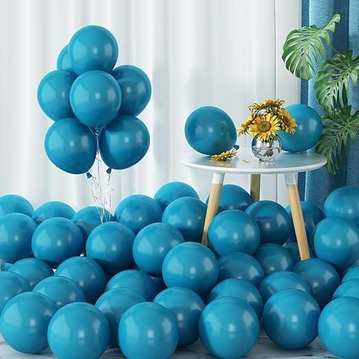 FOOGAA Solid Retro Peacock Blue Vintage Color Balloons With Arch, Glue dot, Ribbon Magic Balloon (Blue, Pack of 100) - Image 2