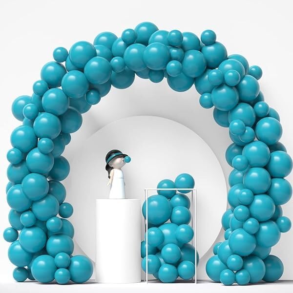FOOGAA Solid Retro Peacock Blue Vintage Color Balloons With Arch, Glue dot, Ribbon Magic Balloon (Blue, Pack of 100) - Image 1