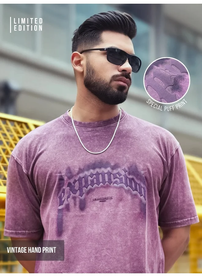 مانياك Maniac Mens Expansion Lava Dyed Round Neck 3/4th Sleeve Purple Cotton T-Shirt