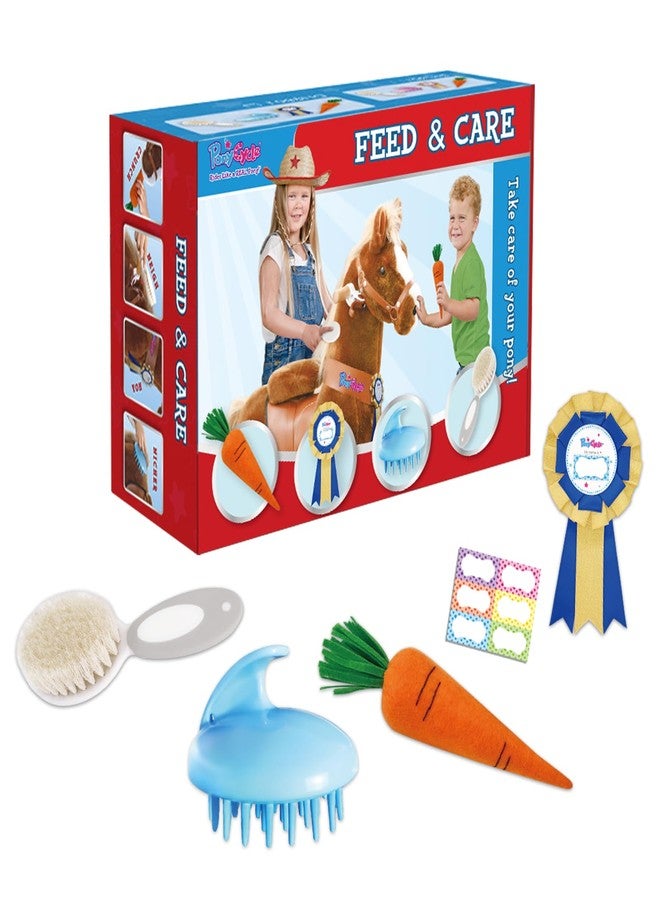 PonyCycle Horse Pony Toys Feed & Care Grooming Kit, 5 Piece Assortment. Groming Brush, Pet Brush, Carrot, Sticker, Name Tag for Boys and Girls, for Model E, U and Model X - Image 1
