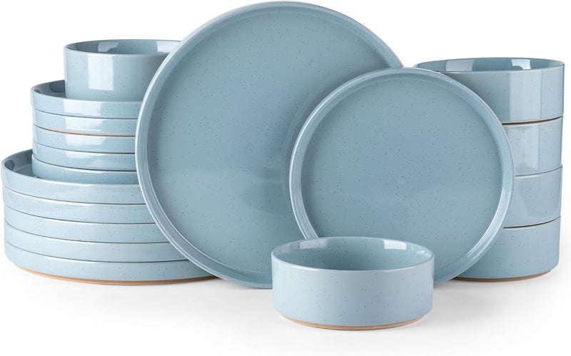 AmorArc طقم أدوات المائدة الخزفية AmorArc لـ 6 أشخاص أطباق وأوعية من الحجر الخزفي المنقط مع قاعدة من الطين الريفي مقاومة للخدش آمنة في غسالة الصحون والميكروويف 18 قطعة زرقاء - Image 1