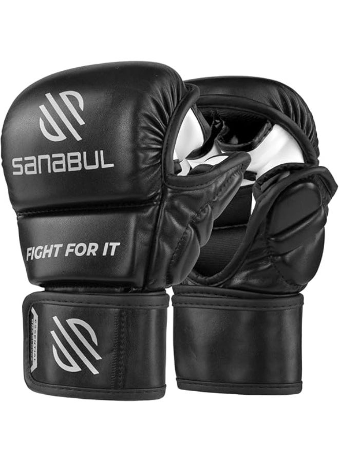 Sanabul  Essential MMA Gloves – 7oz, Black/Silver, Hybrid Sparring & Training Gloves for Men & Women – Kickboxing & Grappling - Image 1