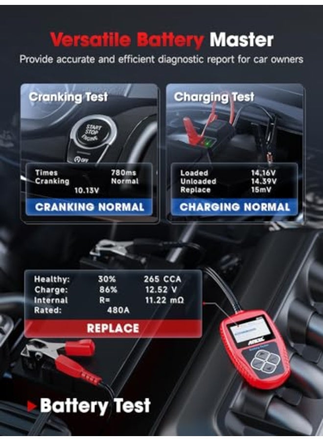 جهاز اختبار بطارية السيارة ANCEL BA101 12 فولت - أداة تشخيص البطاريات والمولدات الرقمية، سعة تحميل 100-2000 CCA، تحليل الشحن والدوران للدراجات النارية والشاحنات والقوارب والمركبات الترفيهية والسفن و - Image 2