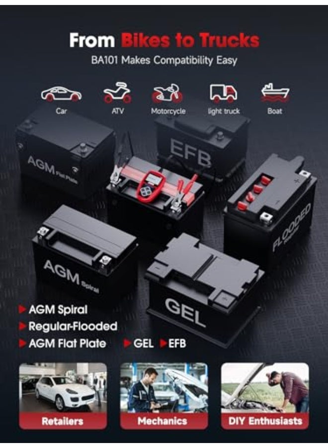جهاز اختبار بطارية السيارة ANCEL BA101 12 فولت - أداة تشخيص البطاريات والمولدات الرقمية، سعة تحميل 100-2000 CCA، تحليل الشحن والدوران للدراجات النارية والشاحنات والقوارب والمركبات الترفيهية والسفن و - Image 5