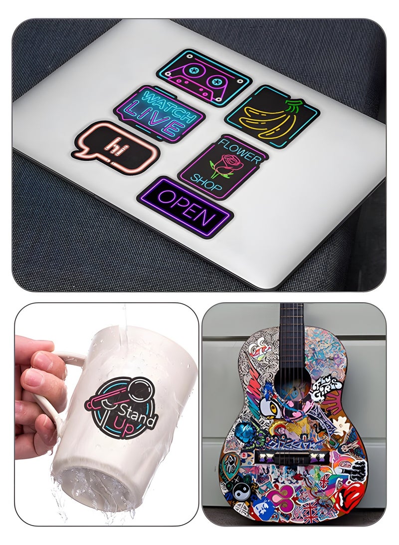 GROIC 100 قطعة من ملصقات ضوء النيون الرائعة للأطفال والمراهقين والبالغين، مجموعة ملصقات نيون عصرية مقاومة للماء من مادة PVC لزجاجة المياه، ولوح التزلج على الجيتار، والأمتعة، والهاتف - Image 4