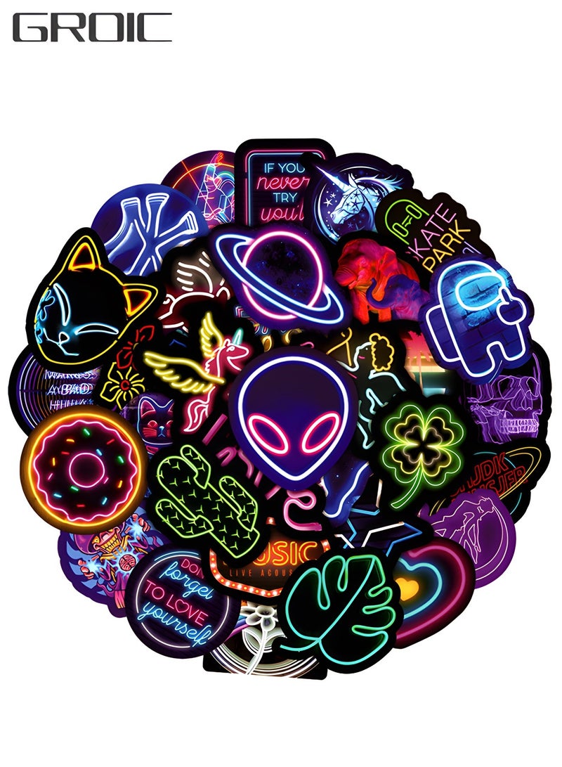 GROIC 100 قطعة من ملصقات ضوء النيون الرائعة للأطفال والمراهقين والبالغين، مجموعة ملصقات نيون عصرية مقاومة للماء من مادة PVC لزجاجة المياه، ولوح التزلج على الجيتار، والأمتعة، والهاتف - Image 1